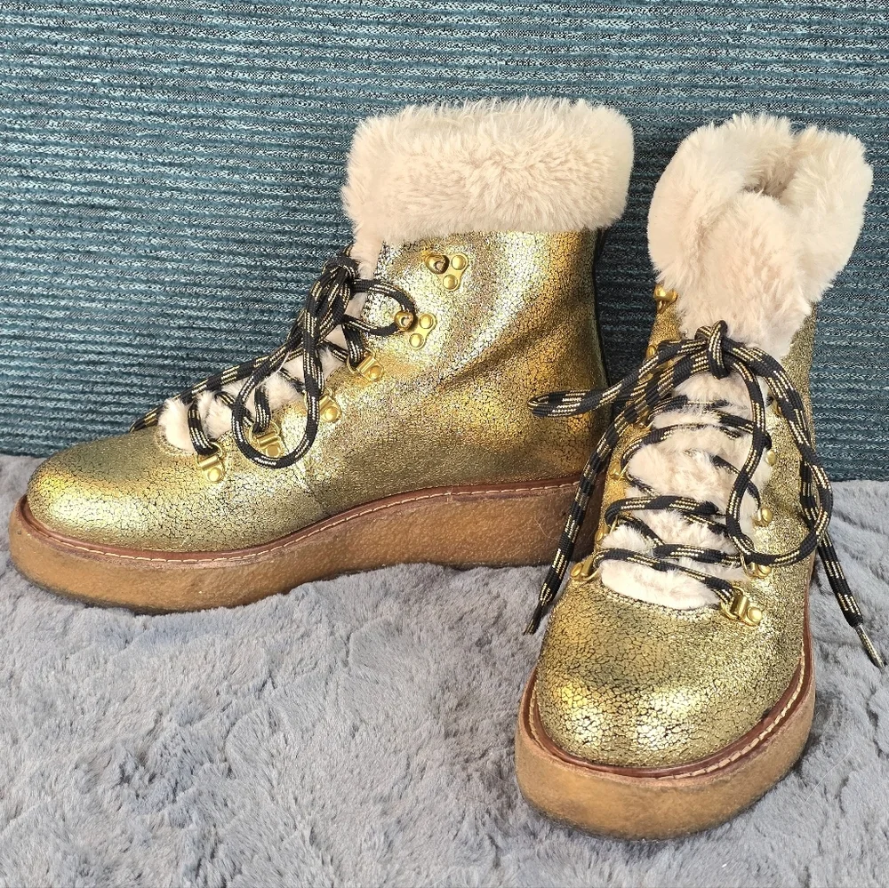 J Crew Gold Metallic Winter Shearling Boots, Wedge Crepe Sole,  Womens Sz 6